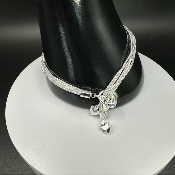 925 Sterling Silver Plated Five-Strand Heart Charm Bracelet – Adjustable - Picture 10 of 17